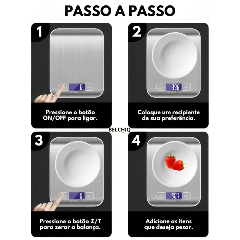 Balança de cozinha digital de alta precisão, 0,1 a 10 kg, em aço inoxidável.