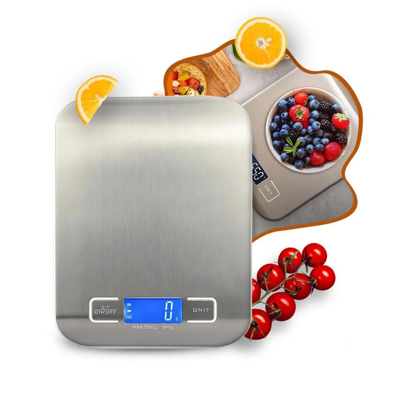 Balança de cozinha digital de alta precisão, 0,1 a 10 kg, em aço inoxidável.