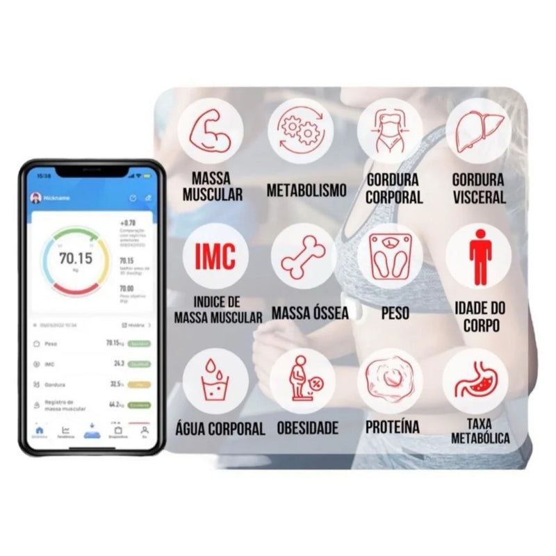 Balança digital de bioimpedância corporal Bluetooth até 180 kg com eesultado pelo app