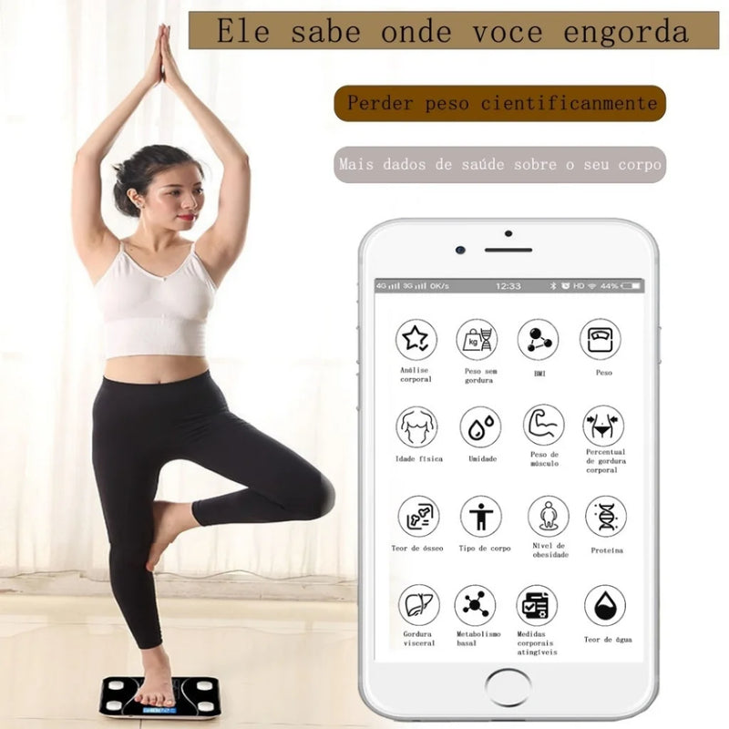 Balança digital de bioimpedância corporal Bluetooth até 180 kg com eesultado pelo app