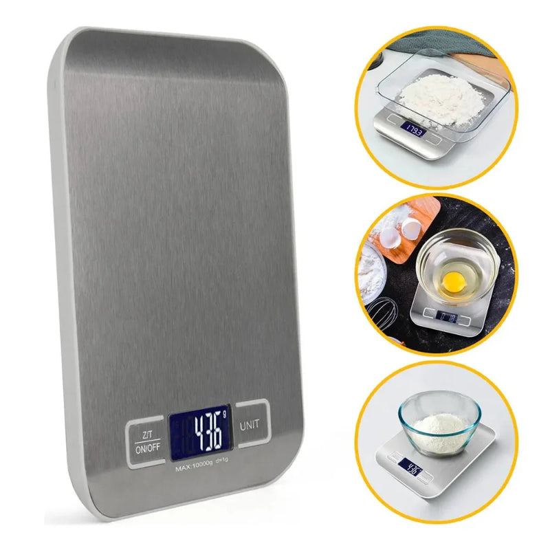 Balança de cozinha digital de alta precisão, 0,1 a 10 kg, em aço inoxidável.