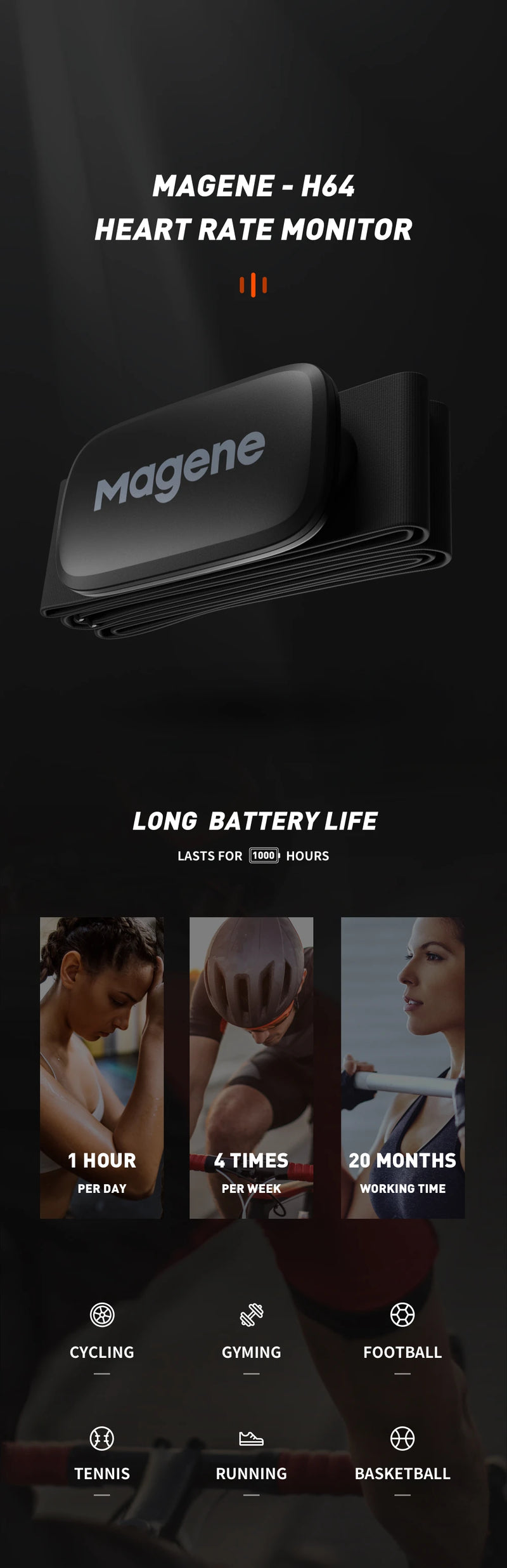 Sensor de frequência cardíaca Magene Mover H64 Dual Mode ANT Bluetooth