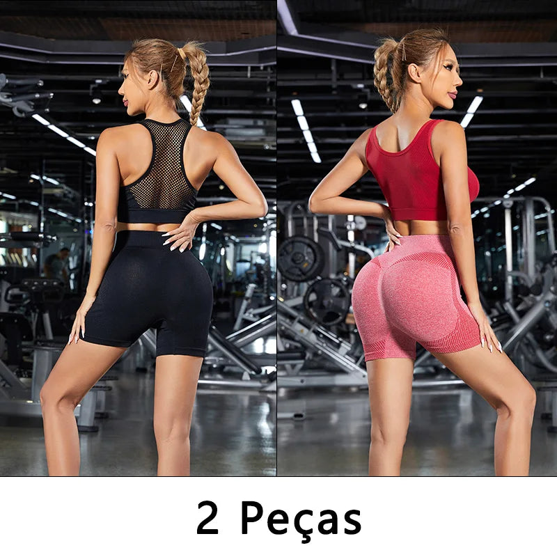 Short esportivo feminino 2 peças treino/yoga/corrida