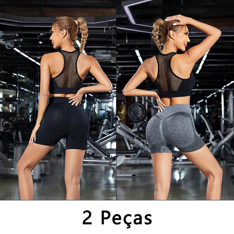 Short esportivo feminino 2 peças treino/yoga/corrida