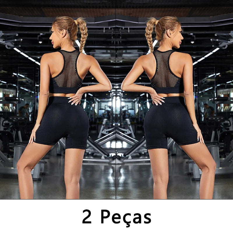 Short esportivo feminino 2 peças treino/yoga/corrida