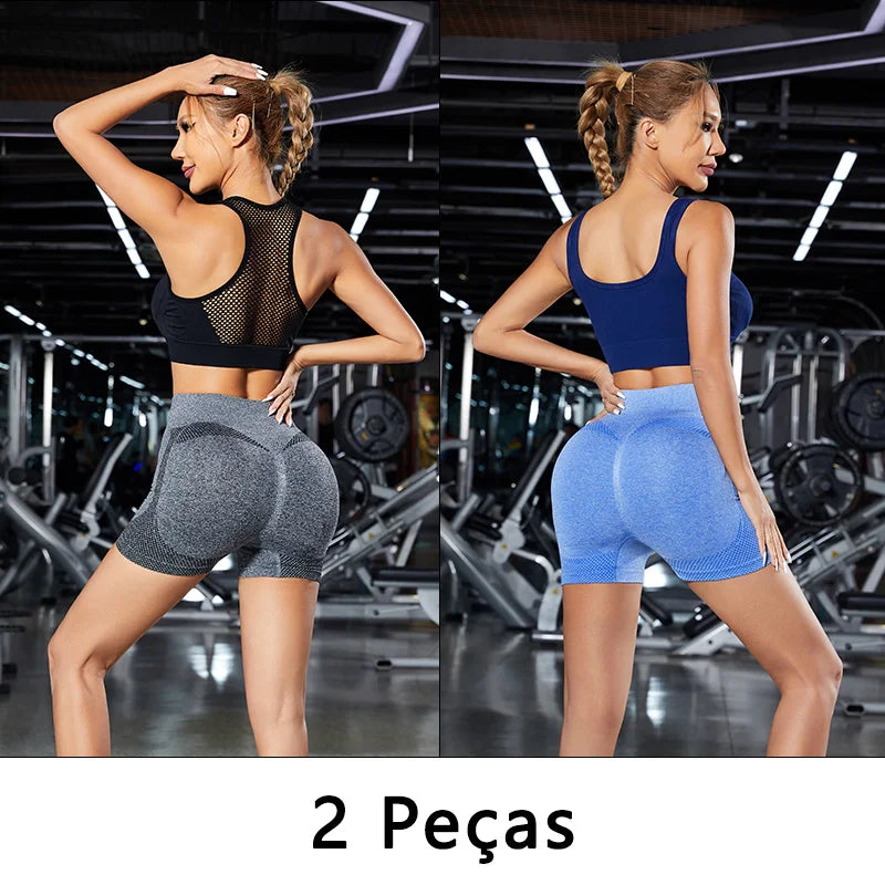 Short esportivo feminino 2 peças treino/yoga/corrida