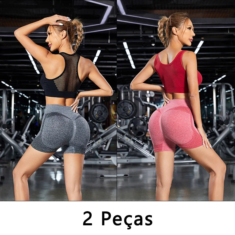 Short esportivo feminino 2 peças treino/yoga/corrida