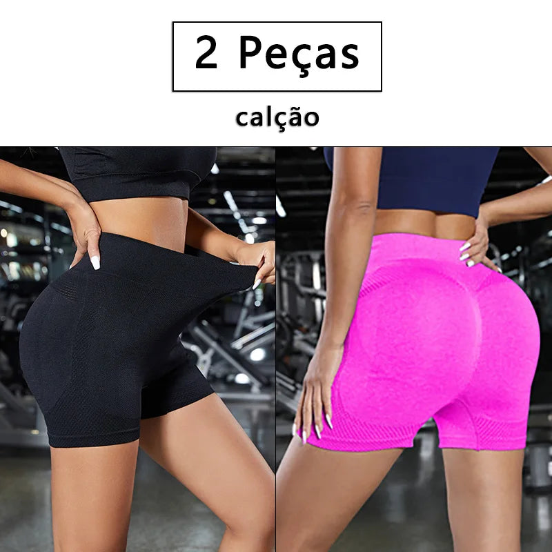 Short esportivo feminino 2 peças treino/yoga/corrida